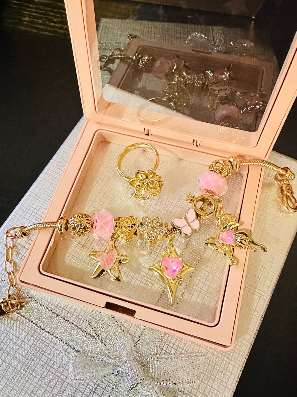 Gold & Pink Charm Bracelet Set with Matching Ring - Women Jewelry